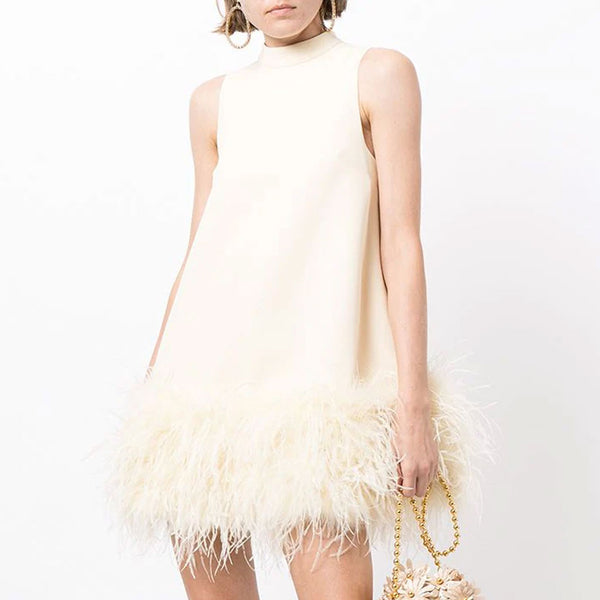 Chic Mock Neck A Line Feather Trim Sleeveless Mini Dress - White