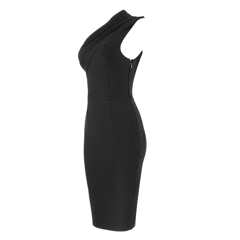 Chic One Shoulder Ruched Trim Bodycon Bandage Midi Dress - Black