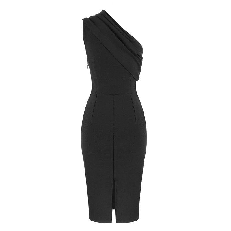 Chic One Shoulder Ruched Trim Bodycon Bandage Midi Dress - Black