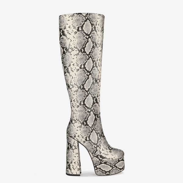 Chic Python Print Round Toe Knee High Platform Block Heel Boots - Snake