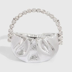 Chic Rhinestone Embellished Gathered Leather Semicircular Mini Clutch - Silver