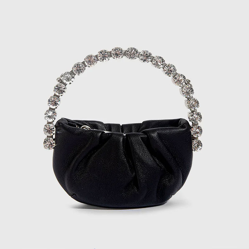 Chic Rhinestone Embellished Gathered Leather Semicircular Mini Clutch - Black