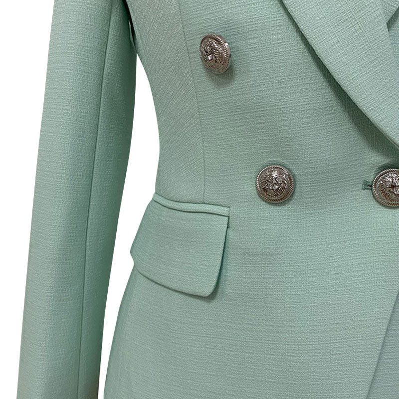 Chic Silver Button Detail Double Breasted Lapel Collar Tailored Linen Blazer