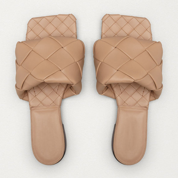 Chic Square Toe Braided Leather Slides - Apricot