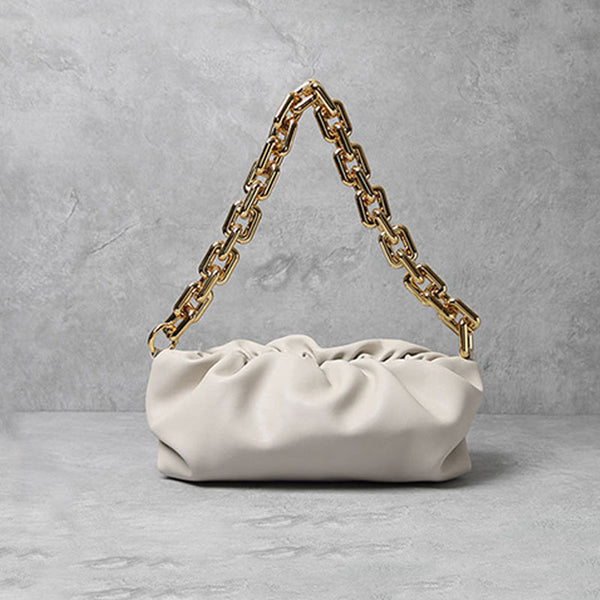 Chunky Chain Link Gathered Leather Cloud Clutch Bag - Beige