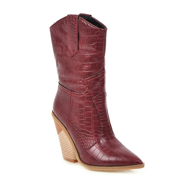 Classy Croc Effect Geometric Heel Mid Calf Western Boots - Burgundy