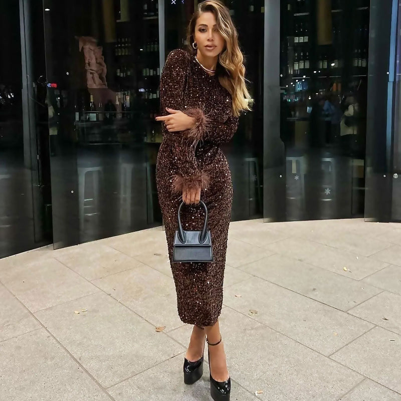 Classy Feather Trim Long Sleeve Back Slit Midi Sequin Dress - Coffee