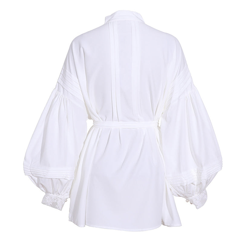 Classy Mandarin Collar Half Button Pleated Bishop Sleeve Belted Oversized Blouse