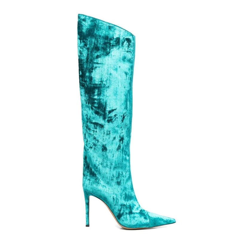 Classy Pointed Toe Knee High Velvet Stiletto Boots - Teal