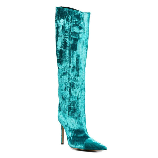 Classy Pointed Toe Knee High Velvet Stiletto Boots - Teal