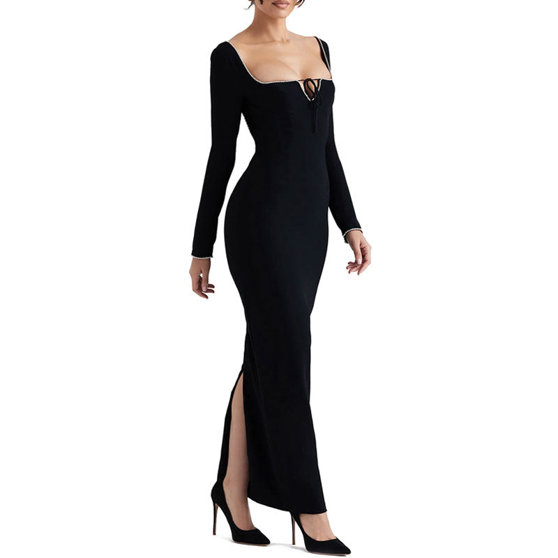 Classy Rhinestone Square Neck Long Sleeve Open Back Maxi Bandage Dress - Black