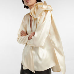 Classy Ruffled Corsage Puff Sleeve V Neck High Low Hem Satin Blouse - Champagne