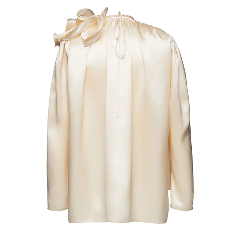 Classy Ruffled Corsage Puff Sleeve V Neck High Low Hem Satin Blouse - Champagne