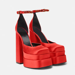 Classy Satin Square Toe Ankle Strap Chunky Heel Platform Sandals - Red