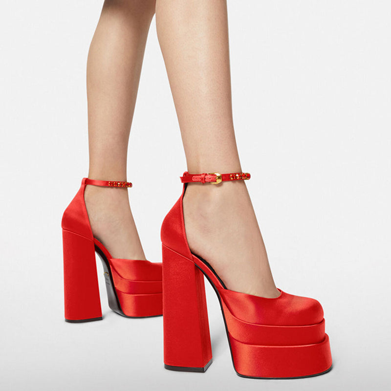 Classy Satin Square Toe Ankle Strap Chunky Heel Platform Sandals - Red