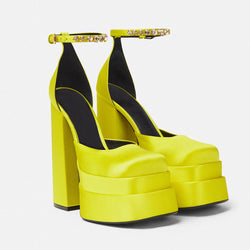 Classy Satin Square Toe Ankle Strap Chunky Heel Platform Sandals - Yellow