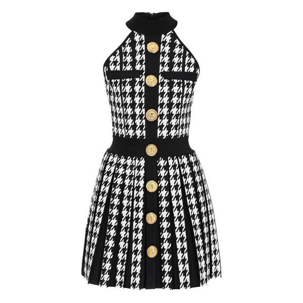 Contrast Buttoned Houndstooth Print Sleeveless Fit and Flare Mini Pleated Sweater Dress