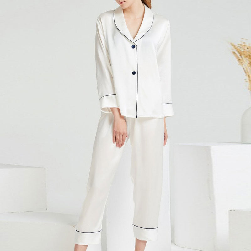 Contrasting Piping Long Sleeve V Neck Silk Lounge Set - White