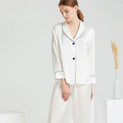 Contrasting Piping Long Sleeve V Neck Silk Lounge Set - White