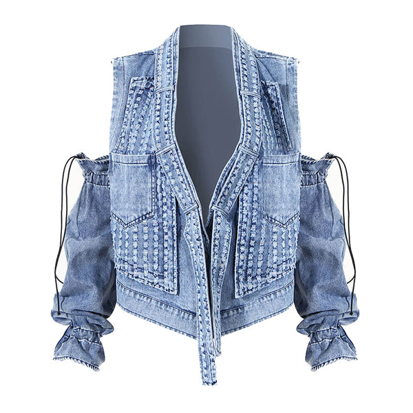 Convertible Long Sleeve Belted Collar V Neck Distressed Denim Jacket