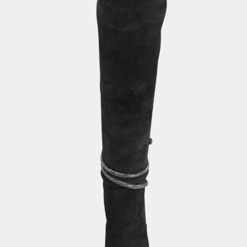 Crystal Snake Embellished Pointed Toe Over Knee Suede Boots - Black