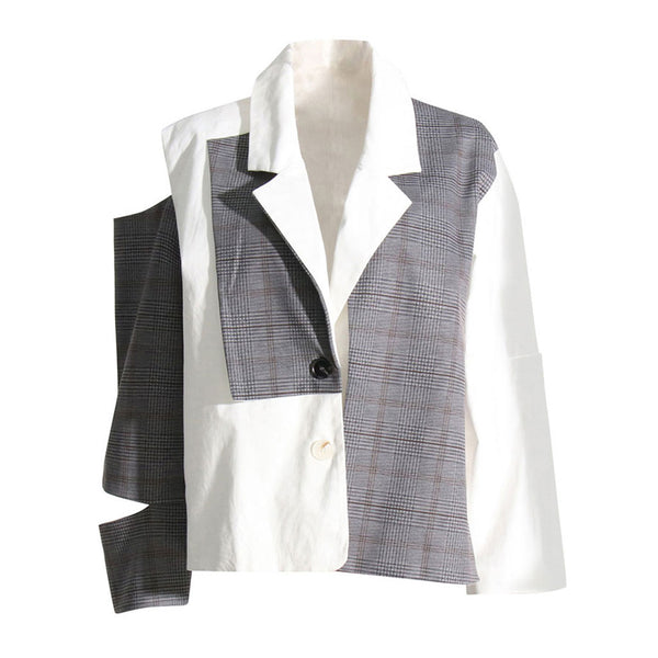 Deconstructed Check Patchwork Cutout Long Sleeve Single Breasted Jacket