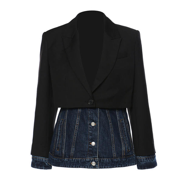 Deconstructed Two Tone Lapel Collar Single Breasted Hybrid Layered Denim Blazer