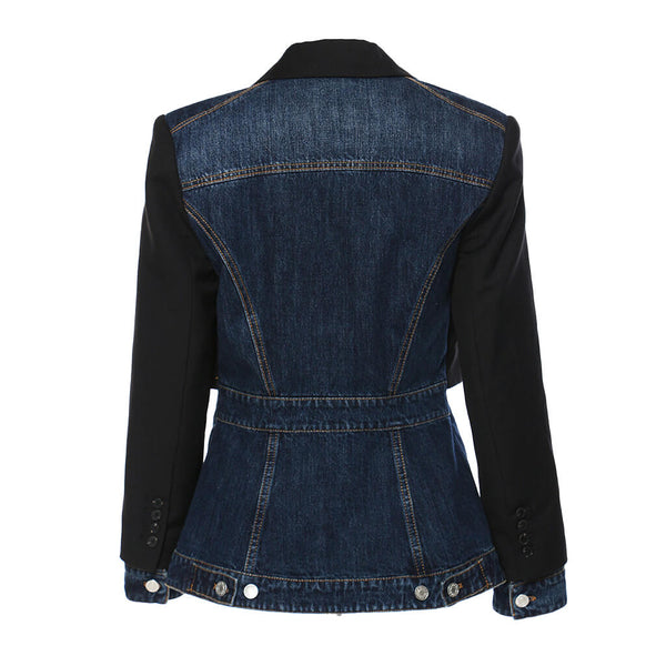 Deconstructed Two Tone Lapel Collar Single Breasted Hybrid Layered Denim Blazer