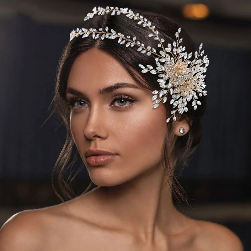 Delicate Floral Rhinestone Embellished Layered Headband Vine - Gold