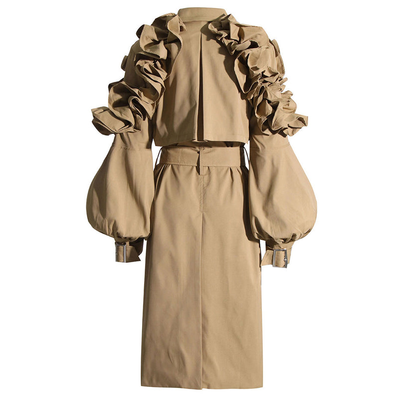 Dramatic Ruffle Shoulder Puff Sleeve Button Down Belted Trench Coat - Khaki