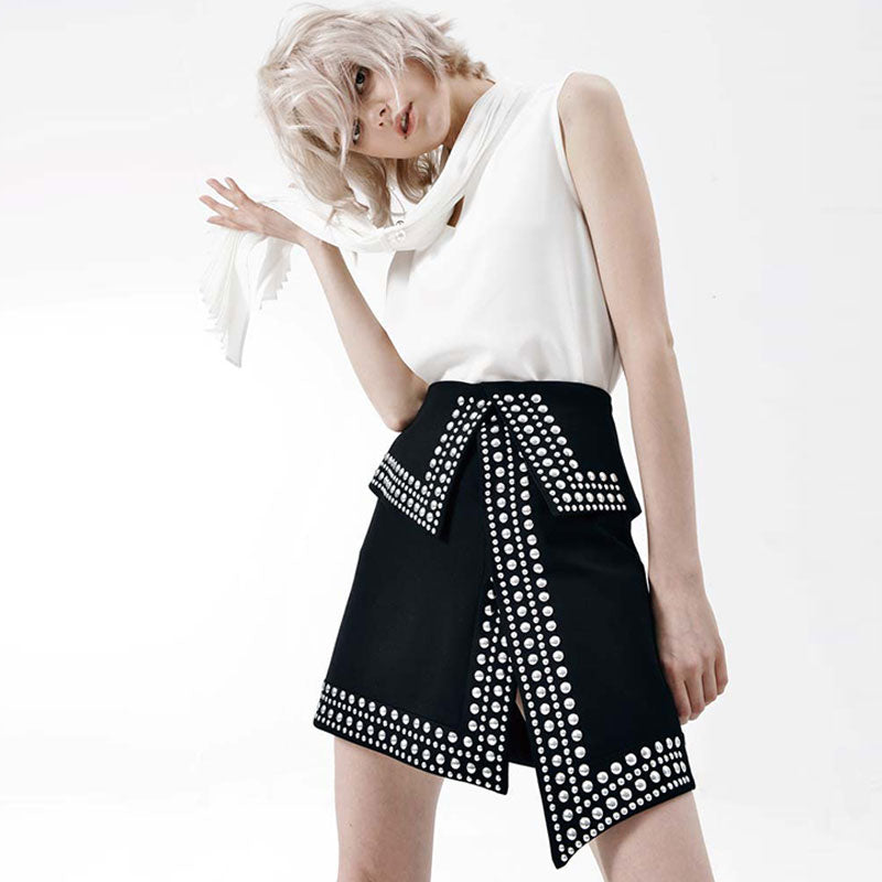 Eccentric Contrast Studded Edge Fold Over High Waist Split A Line Mini Skirt