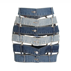 Edgy Button Down Mid Rise Strappy Belt Denim Mini Skirt - Blue