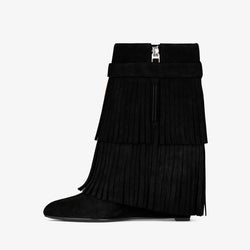 Edgy Metal Lock Layer Fringe Suede Wedge Heel Ankle Boots - Black