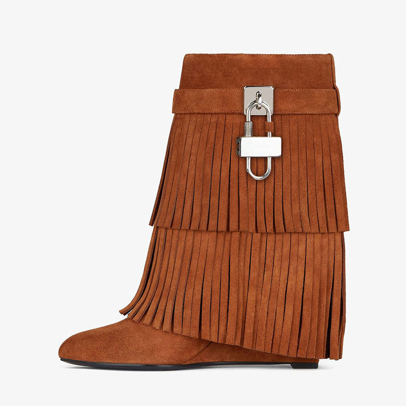 Edgy Metal Lock Layer Fringe Suede Wedge Heel Ankle Boots - Brown