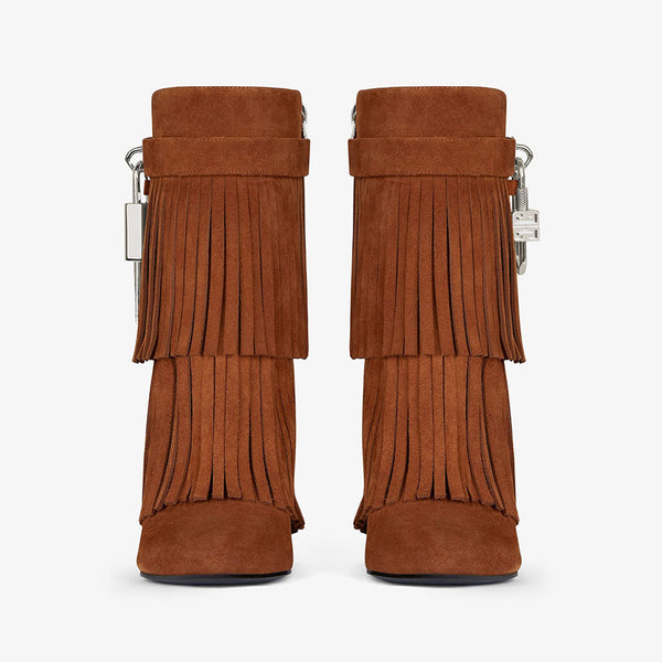 Edgy Metal Lock Layer Fringe Suede Wedge Heel Ankle Boots - Brown