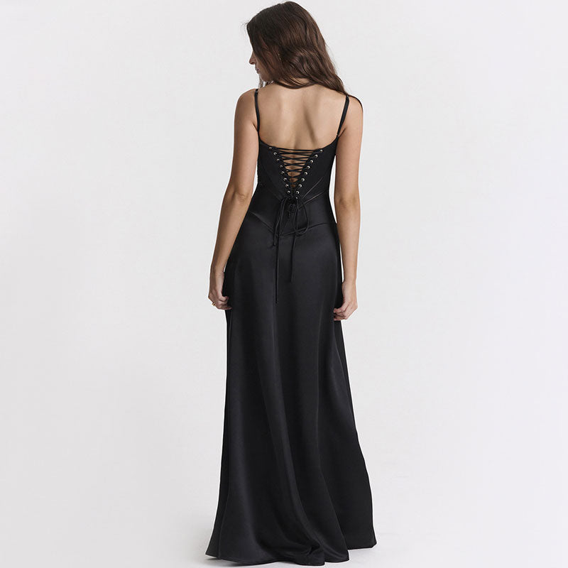 Elegant Lace Up Spaghetti Strap Fit and Flare Satin Maxi Evening Dress