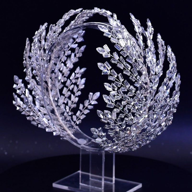 Elegant Leaf Effect Crystal Embellished Bridal Headband - Silver