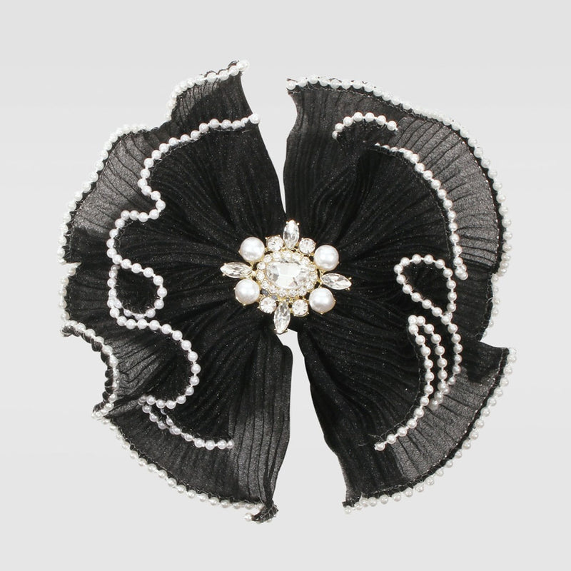 Elegant Pearl Embellished Rhinestone Charm Organza Bowknot Hairpin - Black