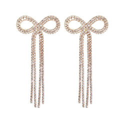 Elegant Rhinestone Embellished Bow Fringe Long Drop Earrings - Silver