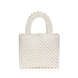 Elegant Top Handle Hand-Woven Pearlized Beaded Clutch Bag - White