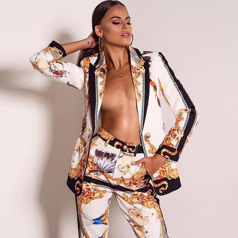 Ethnic Print Single Breasted Lapel Collar Blazer Matching Set - White