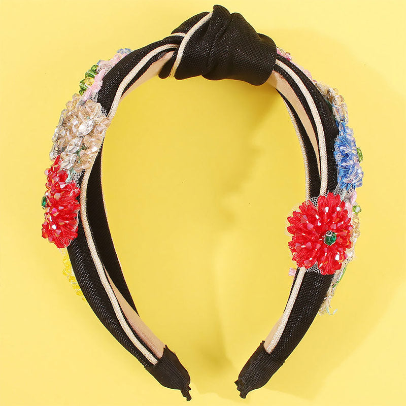 Fabulous Flower Beaded Embellished Knotted Hair Band - Black