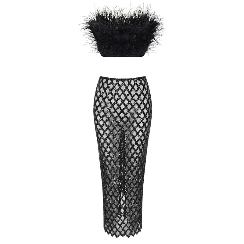 Fancy Faux Feather Trim Diamante Mesh High Rise Skirt Matching Set - Black