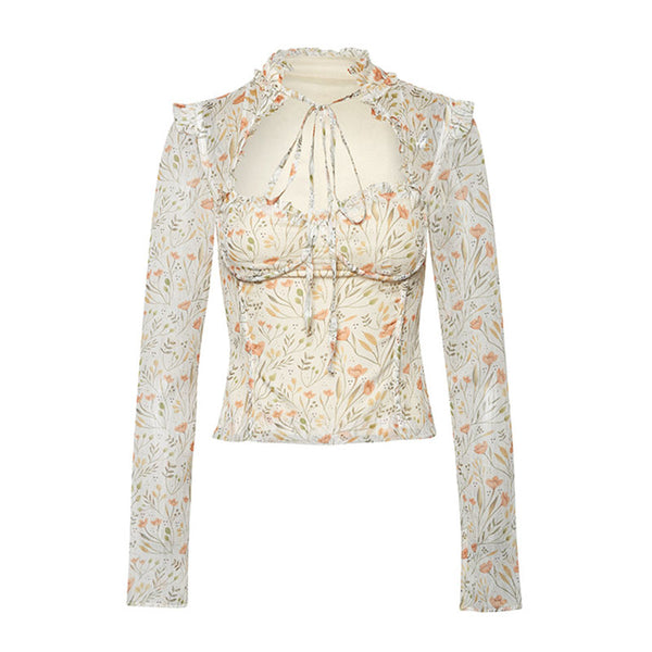 Floral Print Cutout Tie Front High Neck Chiffon Corset Top - Cream