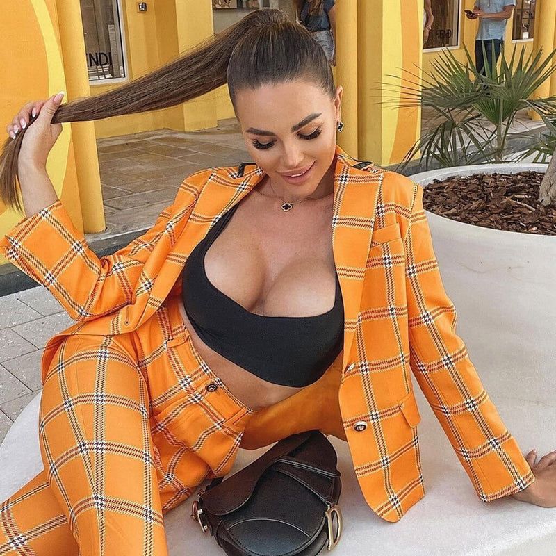 Fresh Checked Long Sleeve Collared Blazer Matching Set - Yellow