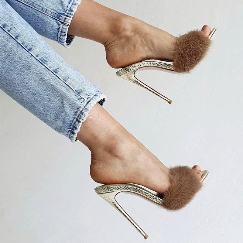 Fuzzy Faux Fur Crocodile Embossed Open Pointed Toe Stiletto Mules - Gold