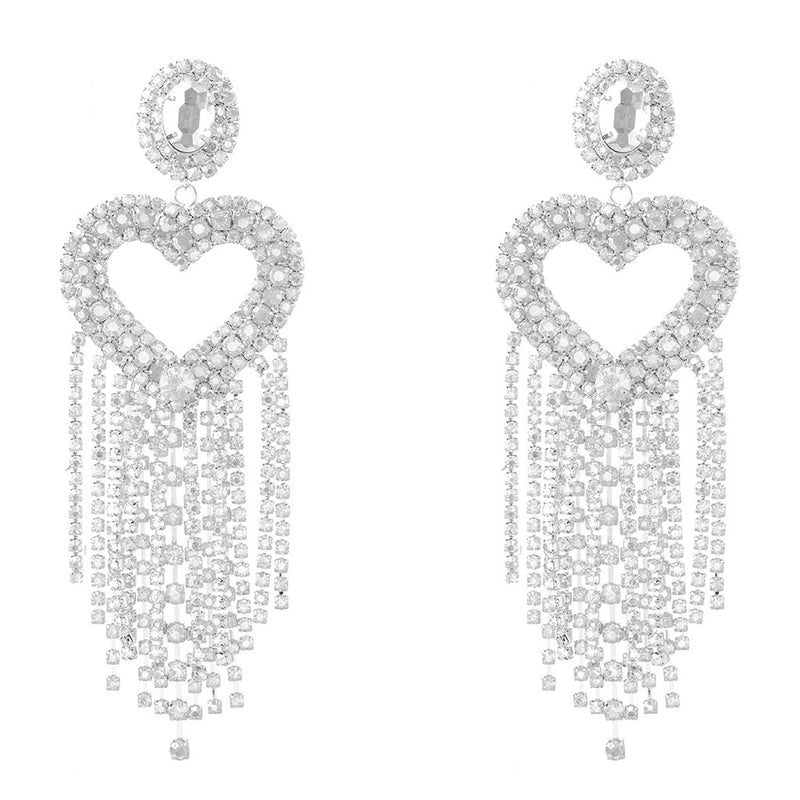 Gem Detail Crystal Embellished Heart Shape Tassel Earrings - Silver