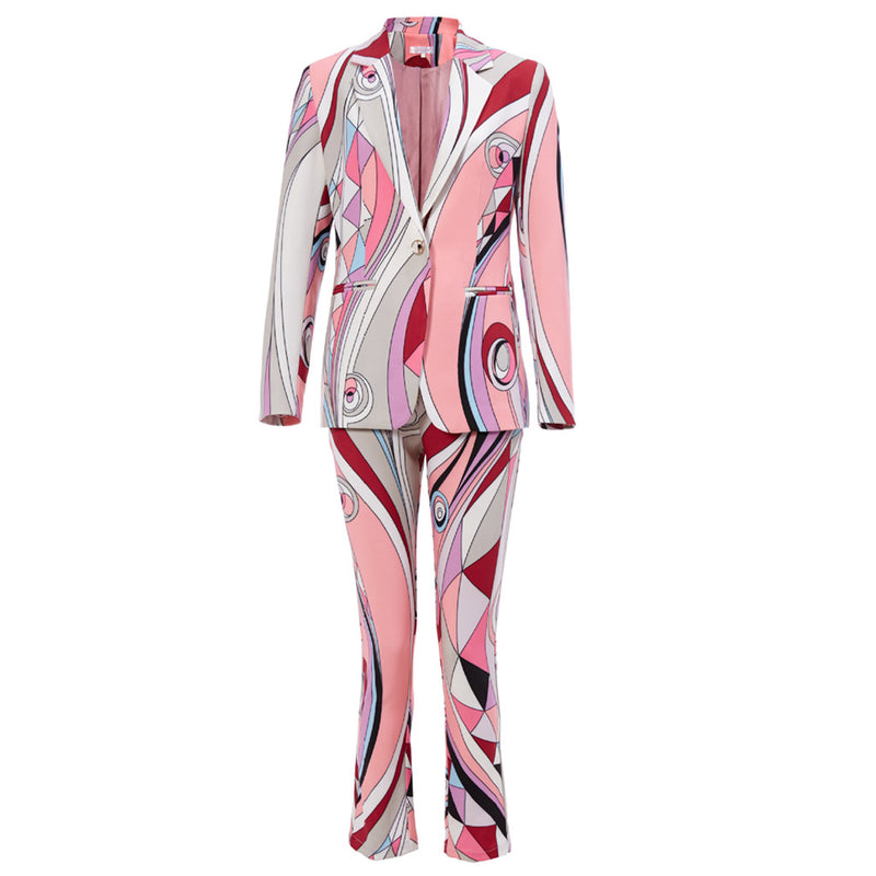 Geometric Print Collared Long Sleeve Blazer Matching Set - Pink