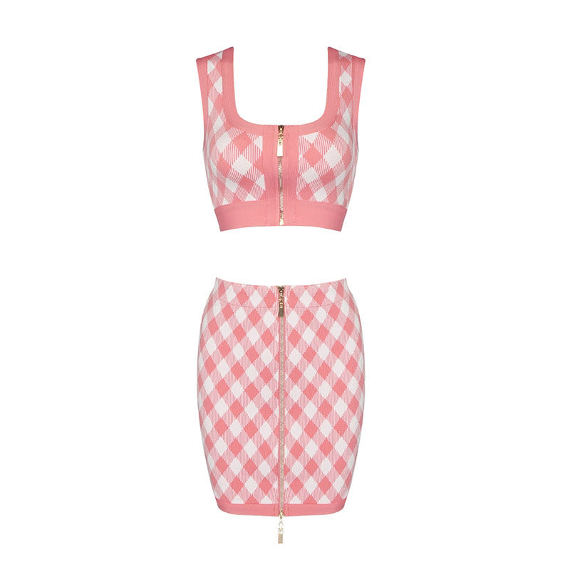 Gingham Zip Front Scoop Neck Bodycon Bandage Matching Set - Pink