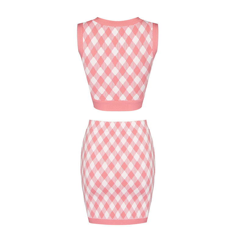 Gingham Zip Front Scoop Neck Bodycon Bandage Matching Set - Pink